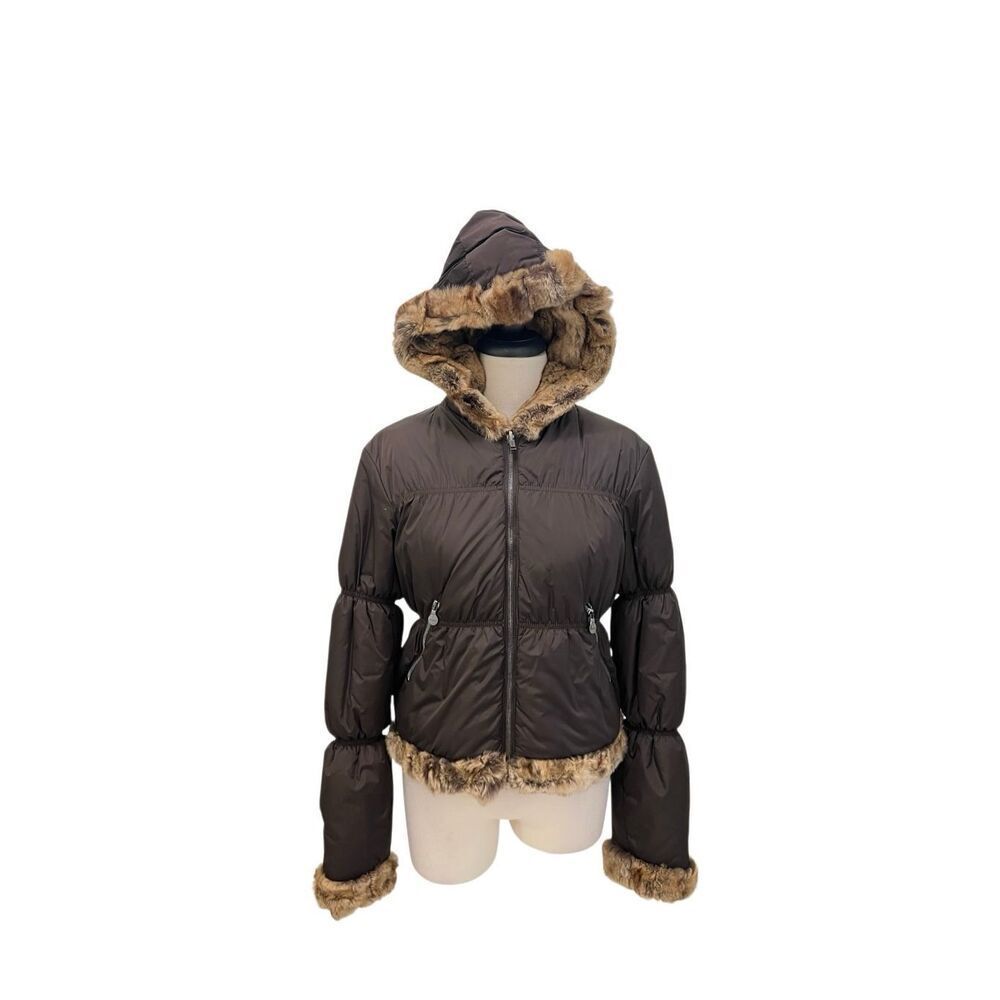 Authier Women's Full Zip Trim Hooded Quilted Puffer Jacket Brown Size 12